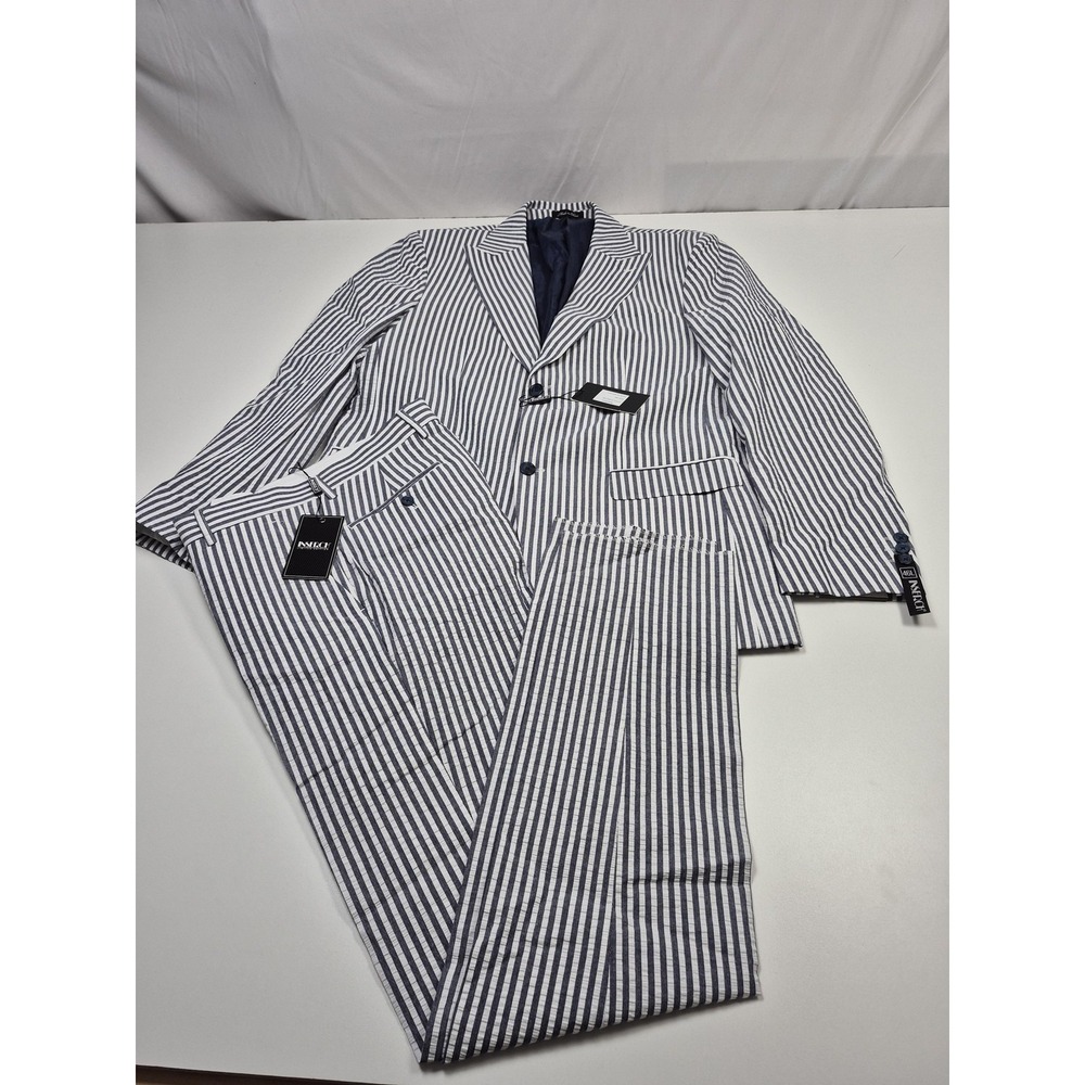 Inserch Seersucker Suit Men's 46 Long Dark Navy Cotton Stripe 2 Piece 32x36 NWT